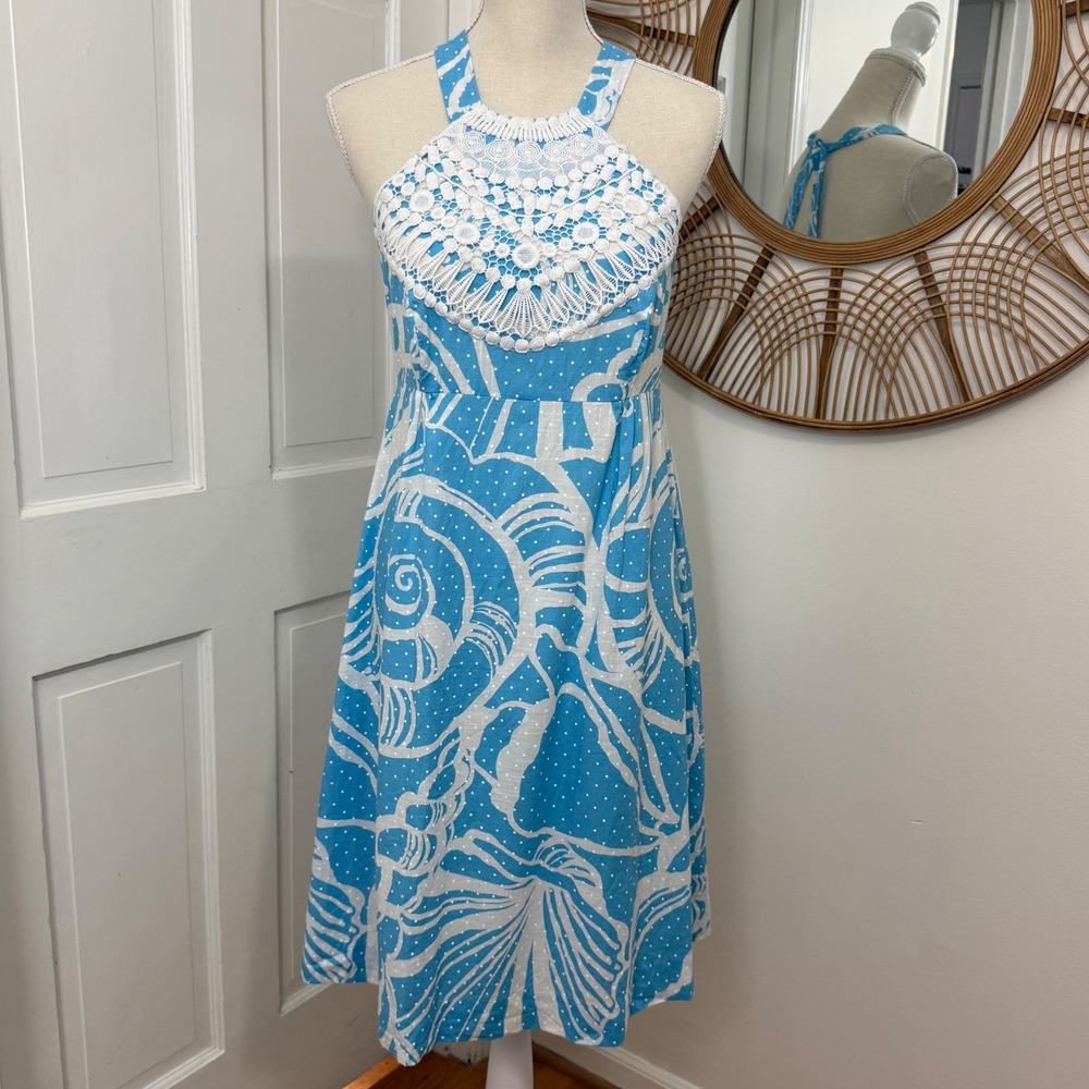 Lilly Pulitzer Seashell Halter Dress 6 Crochet Lace Coastal Resort Beach Cruise